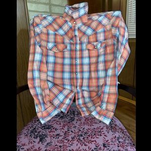Christian Audigier Men’s Western Orange Plaid Pearl Snap Button Up Shirt X-Large